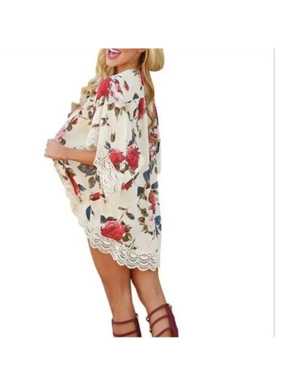 Floral Rose Print Kimono Cardigan Lace Trim Lightweight Coverup - Picture 7 of 10